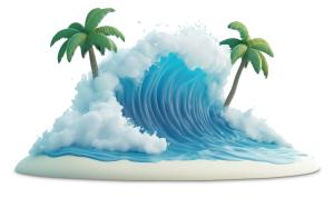 Download image depicts a stylized tsunami wave with palm trees, symbolizing nature&#039;s power and beauty.