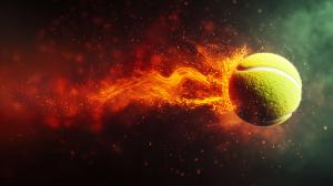 Download this vibrant background features a tennis ball in motion, surrounded by fiery particles, symbolizing sport and competition.