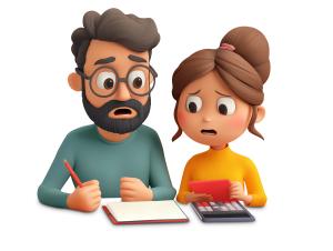 This image shows a worried couple engaged in calculations, reflecting financial stress and decision-making.