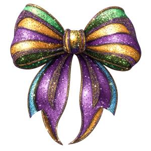 This vibrant Mardi Gras ribbon bow features purple, green, and gold colors with glittery accents.