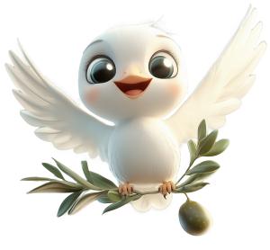 A cheerful cartoon dove with an olive branch, symbolizing peace and harmony.