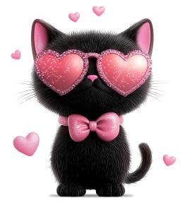 This playful black cat in heart sunglasses embodies Valentine&#039;s Day and love.