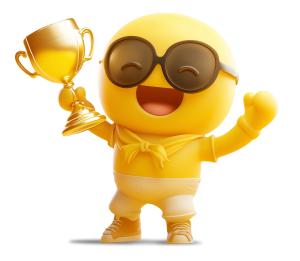 This cheerful emoji character celebrates winning with a trophy, symbolizing achievement and congratulations.