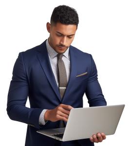 Download this focused businessman clipart in a blue suit working on a laptop, representing professionalism and modern work culture.