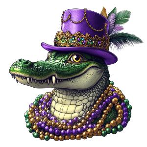 This colorful alligator in Mardi Gras attire celebrates the festive spirit of the holiday.