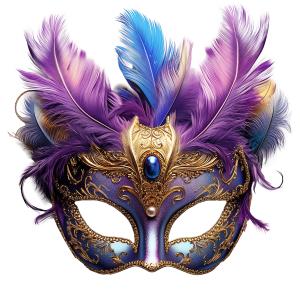 This vibrant Mardi Gras mask features colorful feathers and intricate gold detailing, symbolizing festive celebration.