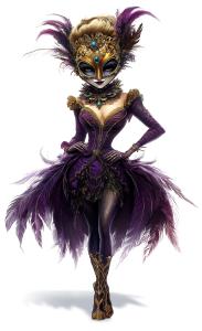 A glamorous masquerade ball figure in a purple gown with a jeweled mask, embodying the spirit of Mardi Gras.