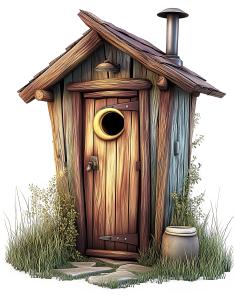This image showcases a rustic wooden outhouse, symbolizing a simpler, undeveloped lifestyle.