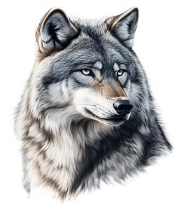 This image features a detailed illustration of a lone gray wolf, symbolizing strength and independence.