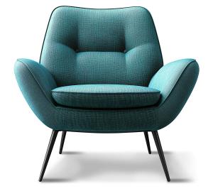 Stylish retro armchair in turquoise upholstery with sleek black legs.