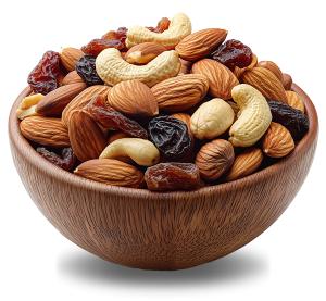 A bowl filled with a colorful assortment of dried fruits and nuts, showcasing healthy snack options.