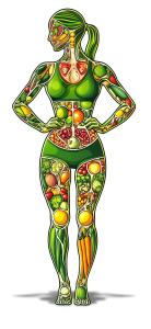 Download this image illustrates a woman filled with fruits and vegetables, symbolizing health and nutrition.