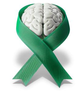 Download this image features a brain intertwined with a green ribbon, symbolizing mental health awareness.