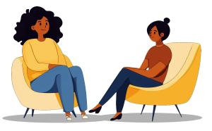 Download this illustration showing two women in a supportive conversation, symbolizing friendship and therapy.