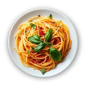 Download this clipart image of a delicious bowl of spaghetti topped with fresh basil leaves and tomato sauce.