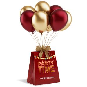 A festive red gift bag with gold and red balloons, perfect for celebrations.
