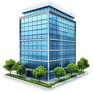 Download this clipart image featuring  a modern building surrounded by lush greenery, symbolizing urban development and sustainability.