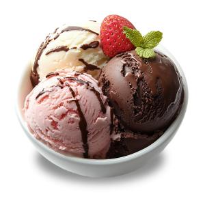Download this clipart showing a bowl of chocolate, vanilla, and strawberry ice cream garnished with a strawberry and mint.