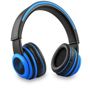 A stylish pair of blue headphones with a modern design and plush ear cushions.