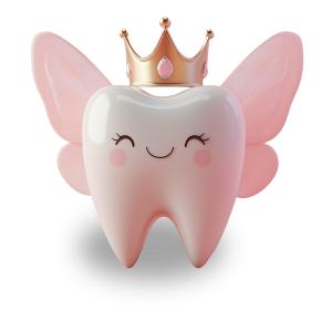 Download this cheerful tooth dressed as a fairy with a crown and wings, symbolizing childhood and the tooth fairy tradition.