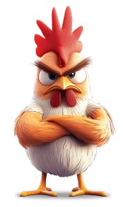 A fierce cartoon rooster standing confidently with arms crossed, symbolizing strength and readiness.