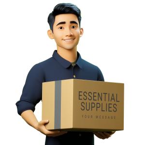 A cheerful animated delivery person holding a customizable shipping box.