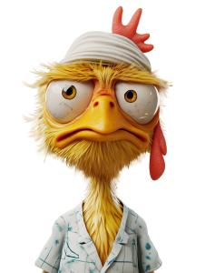 A cartoon chicken with a distressed expression, representing a sick bird, possibly with bird flu.