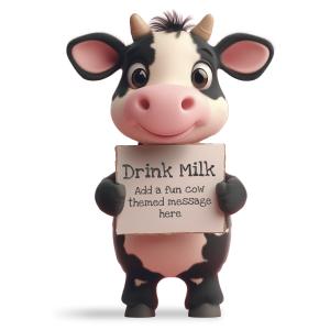 A cute cartoon cow holding a customizable sign.