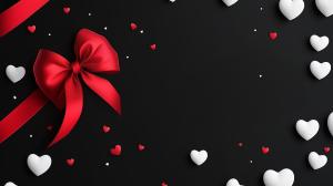 This Valentine&#039;s Day background features a black backdrop with red and white hearts and a decorative bow.

