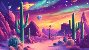 This retro sci-fi background features a vibrant desert landscape with cacti and colorful planets in a cosmic sky.

