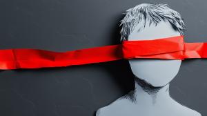 This image symbolizes censorship with a faceless figure and a red ribbon covering the eyes.
