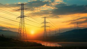 This image features electricity powerlines silhouetted against a vibrant sunset sky.

