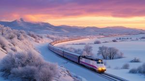 A passenger train navigates through a snowy landscape at sunset, showcasing winter travel beauty.

