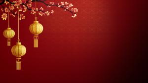 This image features golden Chinese lanterns on a vibrant red background with cherry blossoms.


