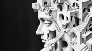 This image symbolizes the intricate puzzles of the mind through a surreal architectural design.

