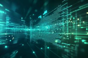 This image depicts a dynamic digital information landscape with flowing binary code and glowing data points.

