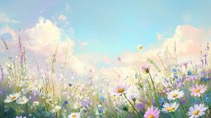 This vibrant spring meadow background features colorful wildflowers and a serene blue sky.

