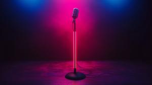 This vibrant image features a microphone on a stand, perfect for open mic night themes.

