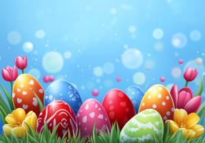 This colorful Easter background features decorated eggs and spring flowers against a soft blue backdrop.