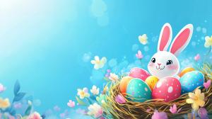 This colorful Easter background features a happy bunny and decorated eggs in a floral nest.