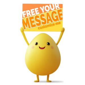 A cheerful yellow egg-shaped character holding a blank sign, perfect for conveying messages.