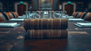 This image symbolizes justice with the word &quot;JUSTICE&quot; on vintage law books in a legal office setting.

