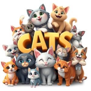A colorful group of cartoon cats surrounding the word &quot;CATS,&quot; showcasing their playful nature.