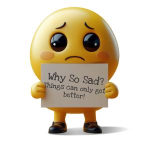 A sad emoji holding a customizable sign, expressing feelings of sadness and longing.
