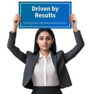 Customize or download this businesswoman holding a sign that emphasizes results and success in a professional setting.
