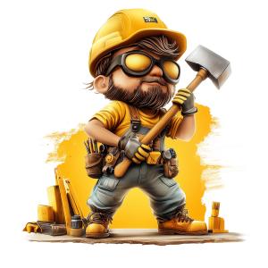 This image depicts a cartoon construction worker confidently holding a sledgehammer against a vibrant yellow background.

