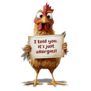 Download a humorous cartoon chicken holding a customizable sign for PowerPoint and Google Slides. Perfect for allergy humor, awareness, and fun presentations.
