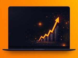 This image shows a laptop displaying a growth graph on an orange background, ideal for marketing and sales presentations.