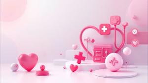 This vibrant medical health layout features 3D shapes and icons in pink, conveying care and wellness.