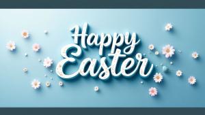 Celebrate Easter with this cheerful PowerPoint background featuring 3D &quot;Happy Easter&quot; text, spring flowers, and a pastel blue design.